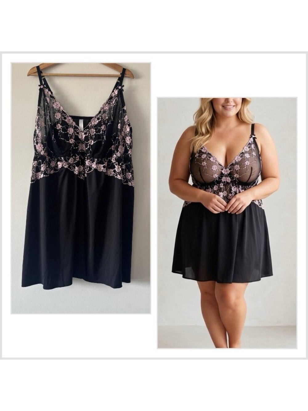 Cacique Babydoll Dress Womens 26/28 Black Pink Lace Sheer Lingerie Whimsigoth